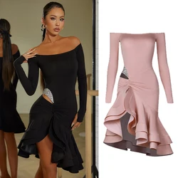 New Latin Dance Dress Women Long Sleeves Crystal Cutout Waist Pink Black Dress Rumba Practice Wear Competition Clothing DNV19060