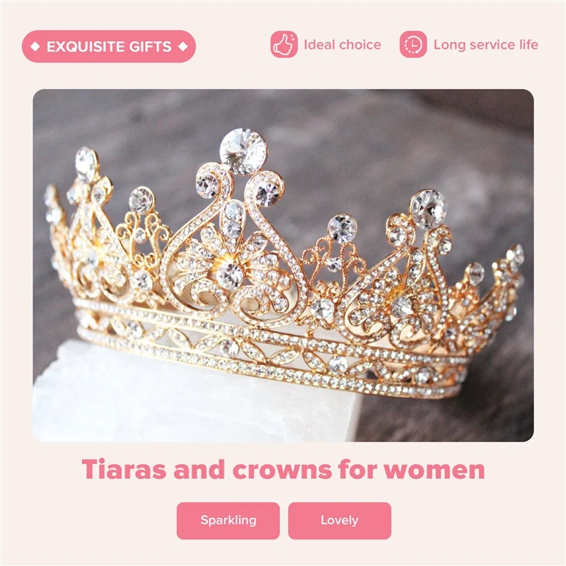 AD-تاج الأميرة الذهبي للنساء - تيجان الملكة للنساء، تيجان وتيجان لحفلات الزفاف النسائية، تاج تاج الأميرة الكريستالي
