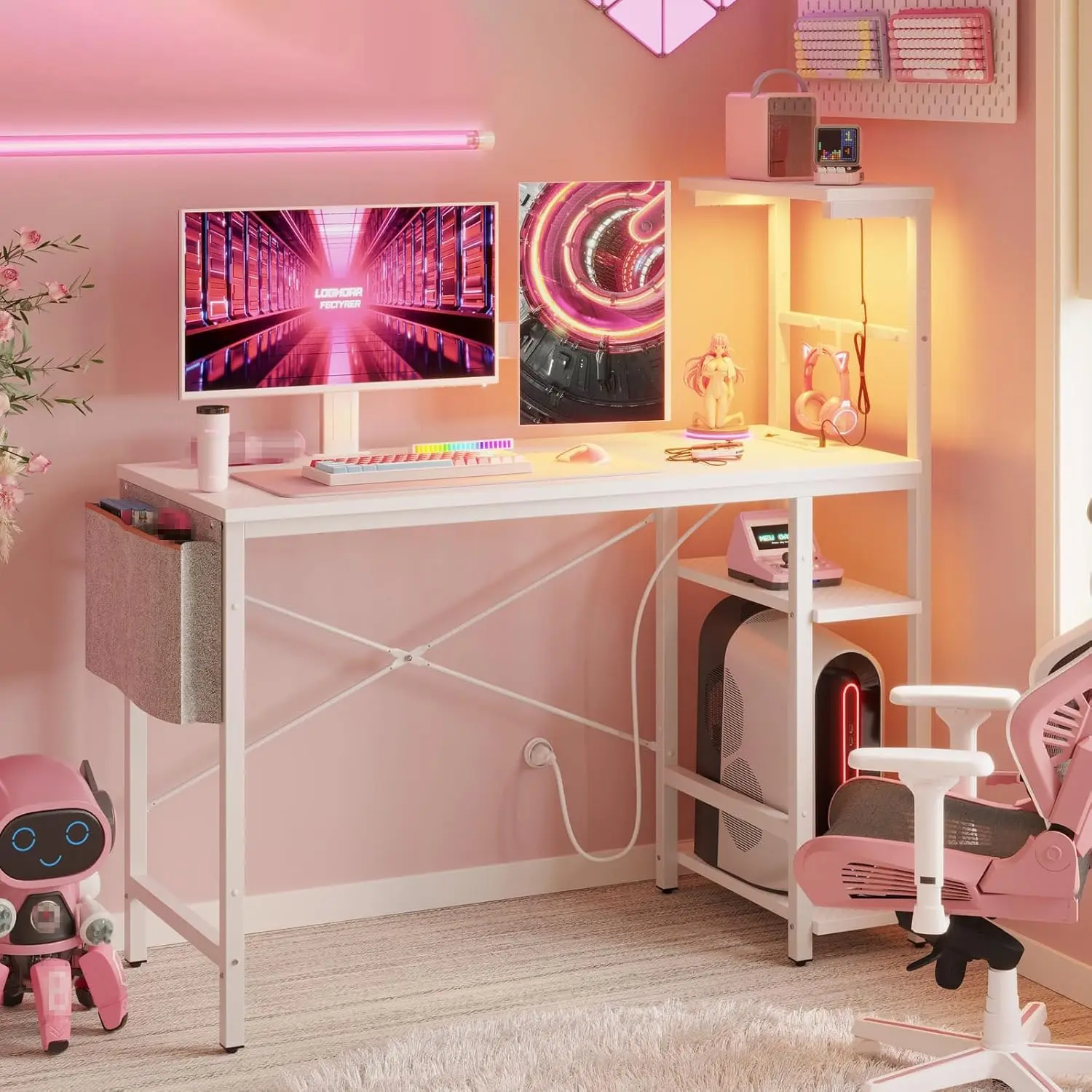 

Gaming Desk with Power Outlets, 44 Inch Led Gamer Desk with 4 Tiers Reversible Shelves, PC Gaming Table with, Customized