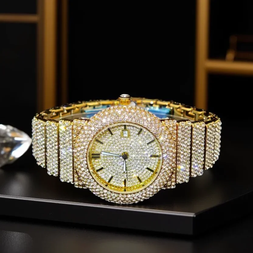 

Лидер продаж 2024, мужские часы со льдом, брендовые часы UNIGUET, модные кварцевые часы, мужские блестящие наручные часы в стиле хип-хоп с бриллиантами, подарок, дропшиппинг