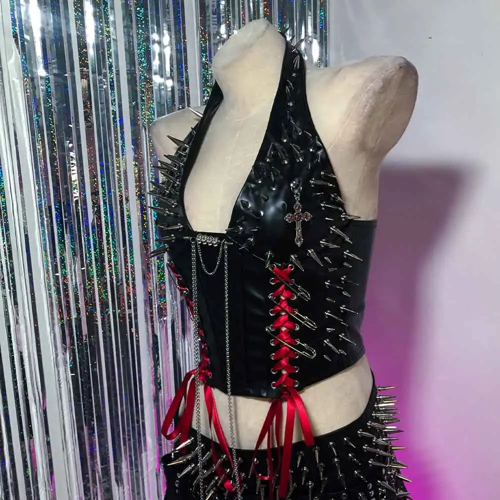 

E-Girls DIY Grunge Studded Rivet Emo Y2K TOPS Punk Rock Chain Hand Made Goth Eco Teen 90s Gothic Tank Harajuku Kawaii