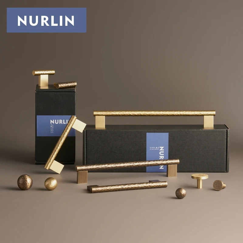 Nurlin Solid Brass Handmade Hammer Patterned Cabinet Drawer Knobs Matte Gold Antique Bronze Furniture Wardrobe Long Handles