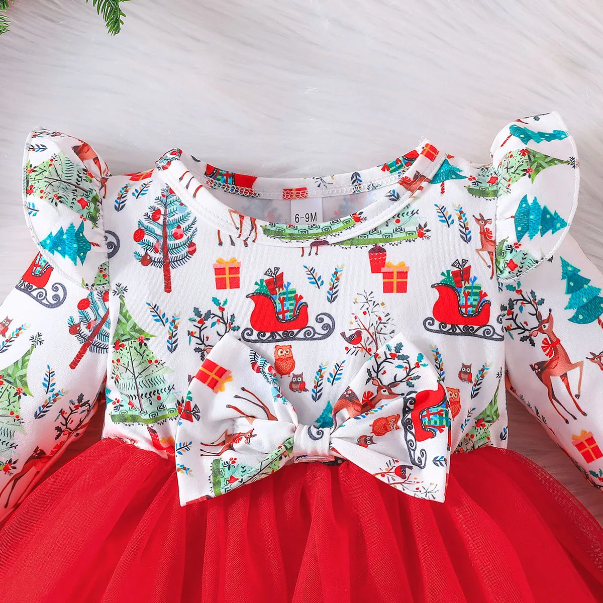 Autumn Christmas dress with round neck and fly sleeve printed bow tie paired with red mesh for clothing photography