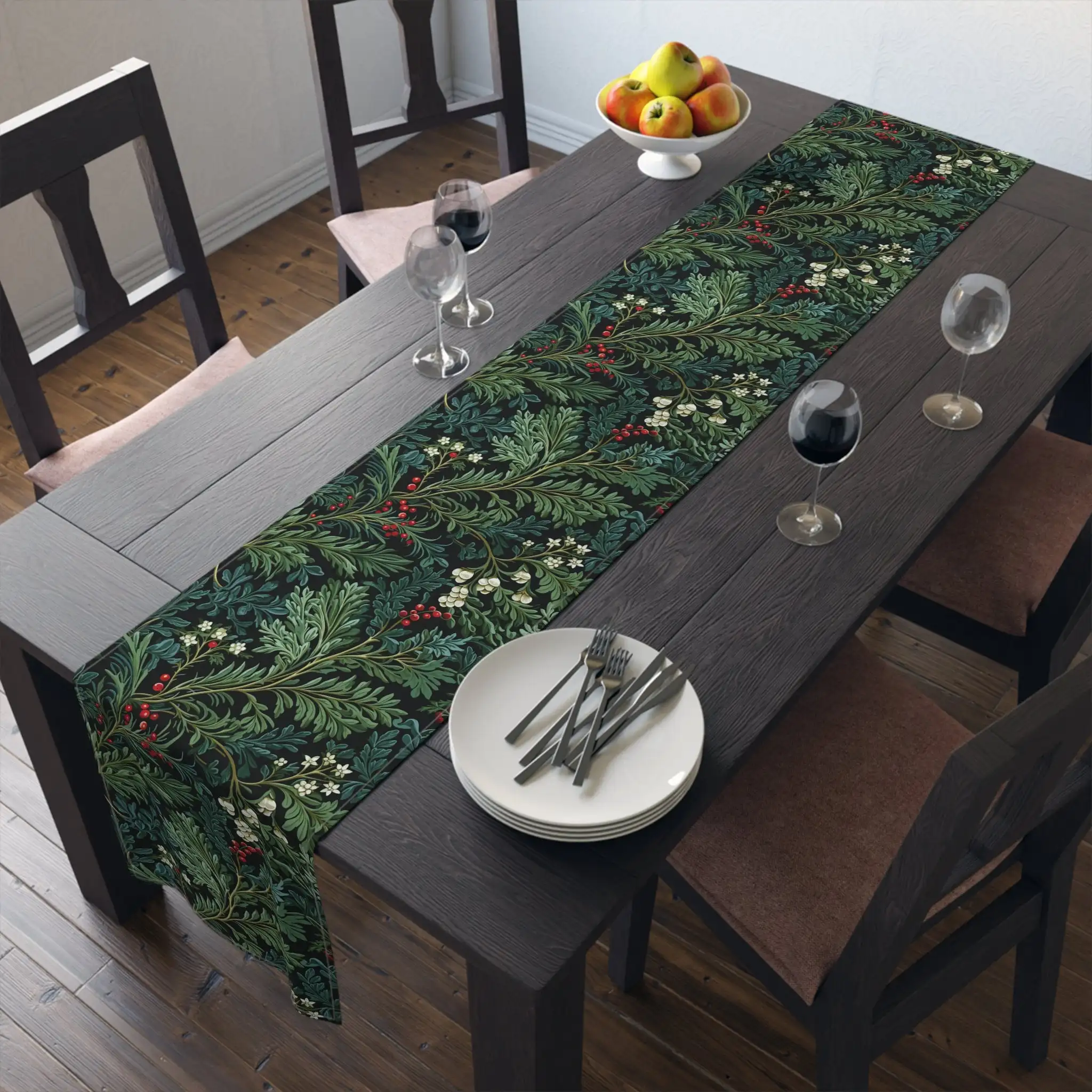 Christmas Table Runner, Evergreen Holly Berry Pattern Holiday Tablescape Tablecloth for Dining Table Party, Winter Home Decor