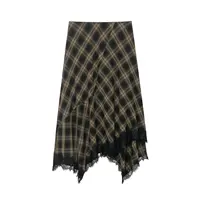 Women Vintage Plaid Skirt Fashion Lace Splice Elegant Midi Skirts Casual Street Skirt Asymmetry Ruched Female New Skirts - Image 2