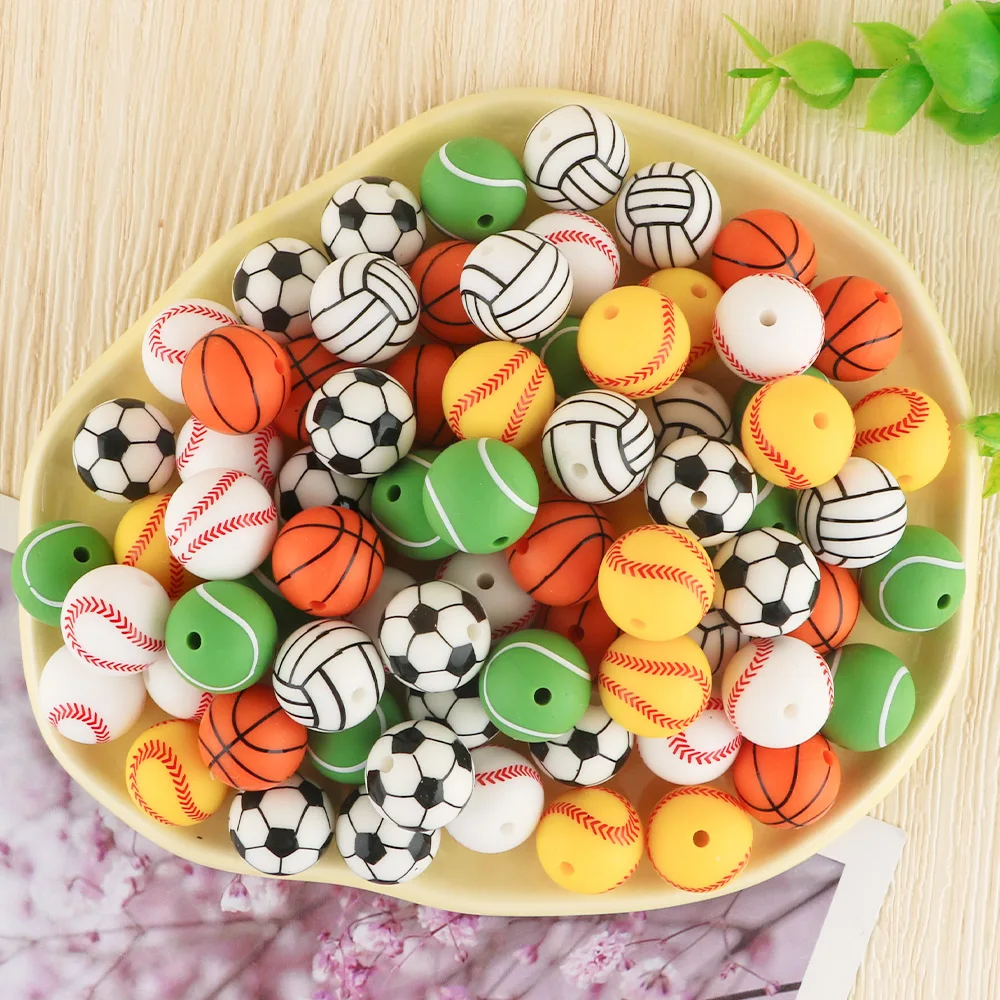 10Pc Printed Silicone Beads Round 15MM Soccer Baseball Tennis Basketball Sport Silicone Printed Bead DIY Accessories