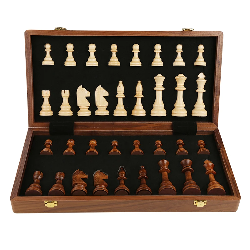 Wooden Folding Chess Set for Adults and Children, Traditional Classic Pieces, Chessboard Toys, Board Games, 2 Extra Queens, High