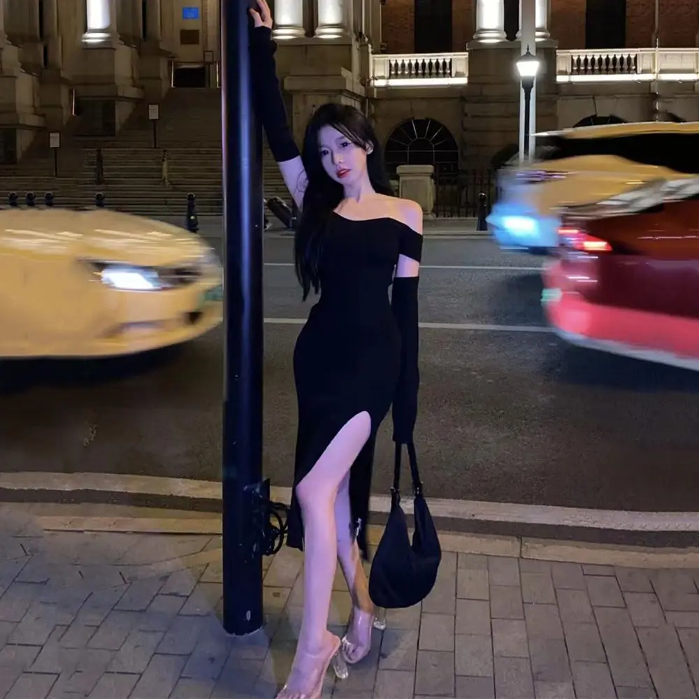 Slash Neck Black Long Dress Women Elegant Pure Off-shoulder Sexy Chic French Style Leisure Side-slit Gentle Slim Temperament Ins