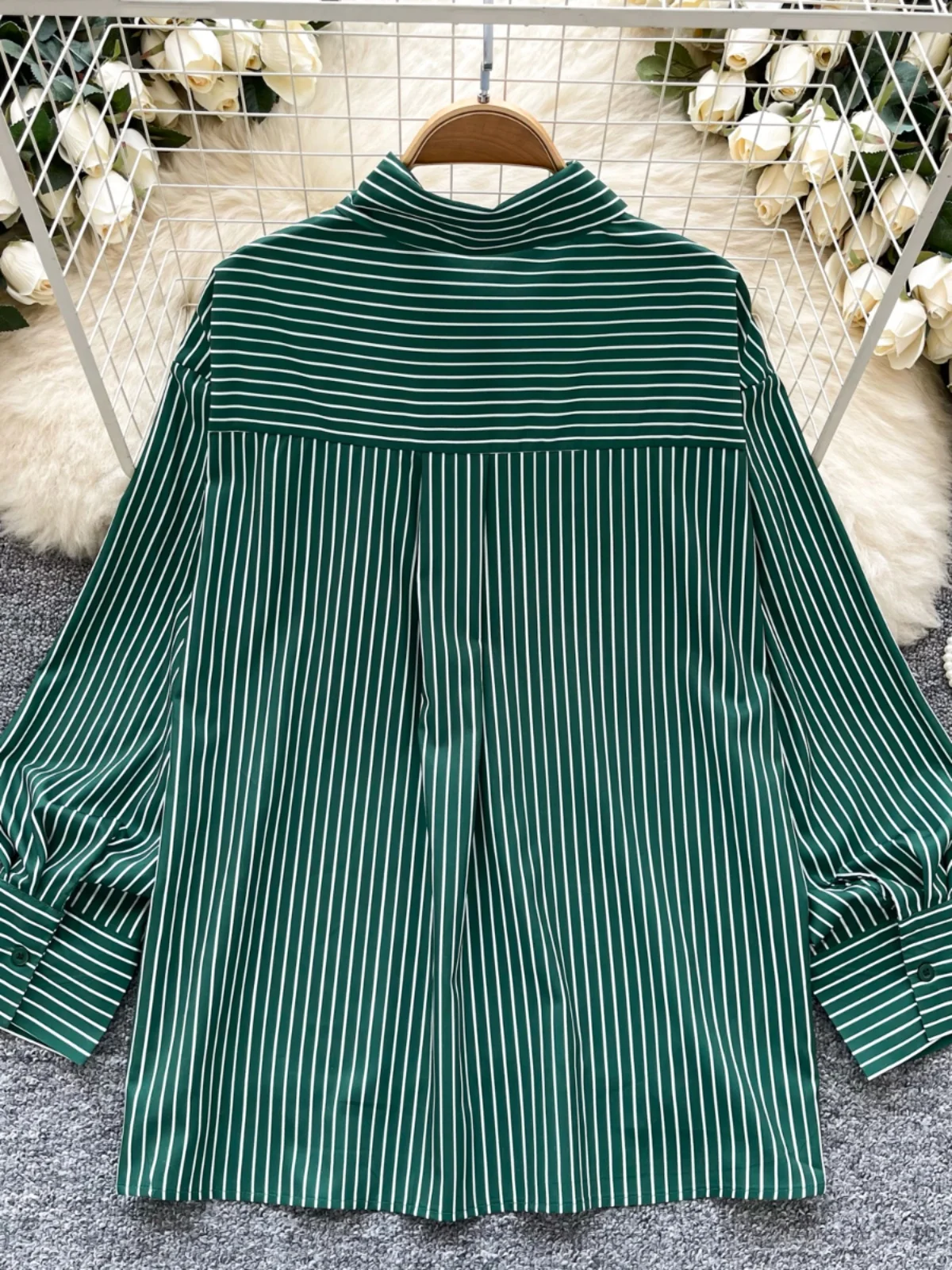 

Spring Faion Women's Loose Long Sve Striped irt Commute Sle Casual Breathable Polyester Fiber Korean Version irt