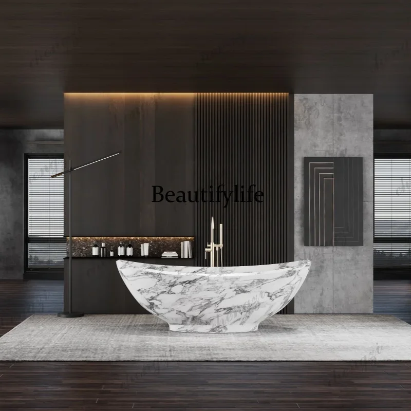 A68Freeform Natural Stone 1.7m Bathtub, Insulated Irregular Double Soaking Tub, Heat-Retention Freestanding