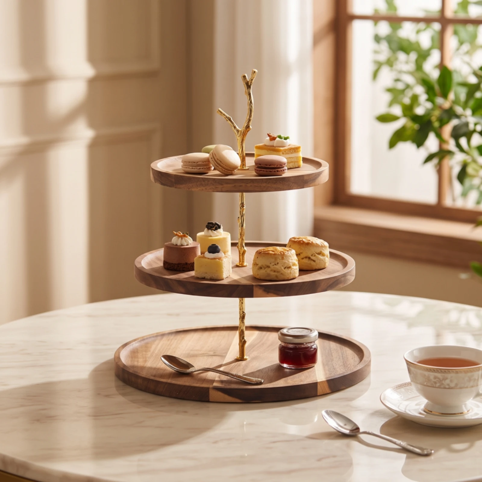 Wooden Serving Tray - Metal Destekli Ahşap Teşhir Standı, Altın