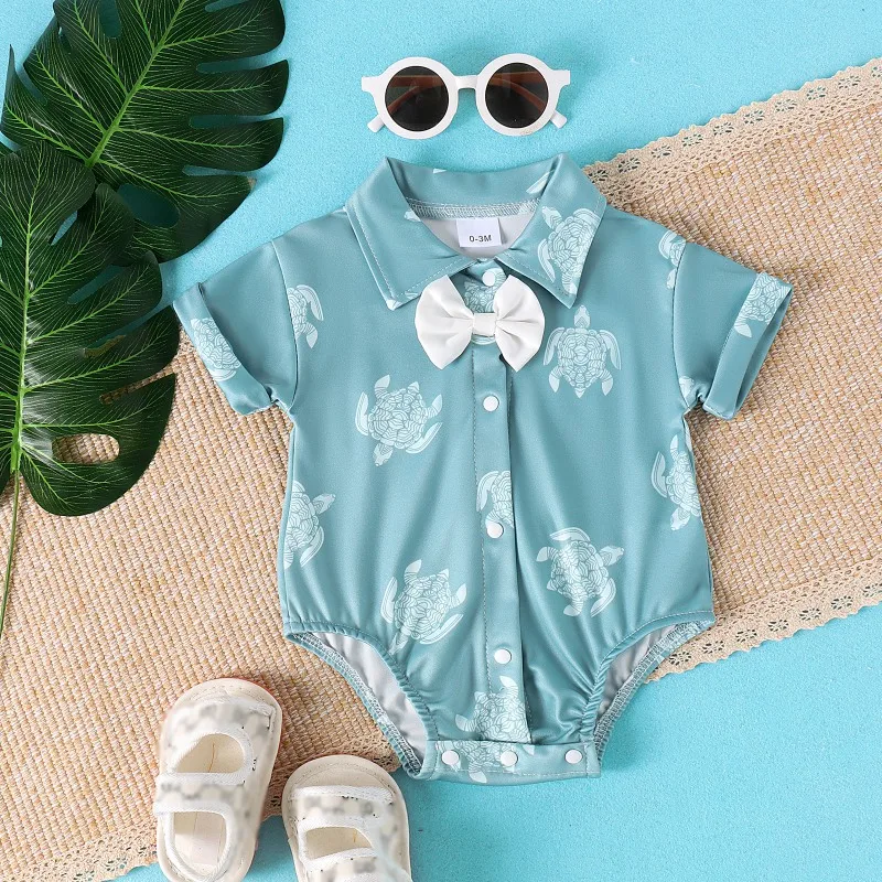 Baby Boy Printed Short Sleeve Gentlemen Clothes Shirt Bodysuit Top Summer Baby Jumpsuits Clothes 0-18M