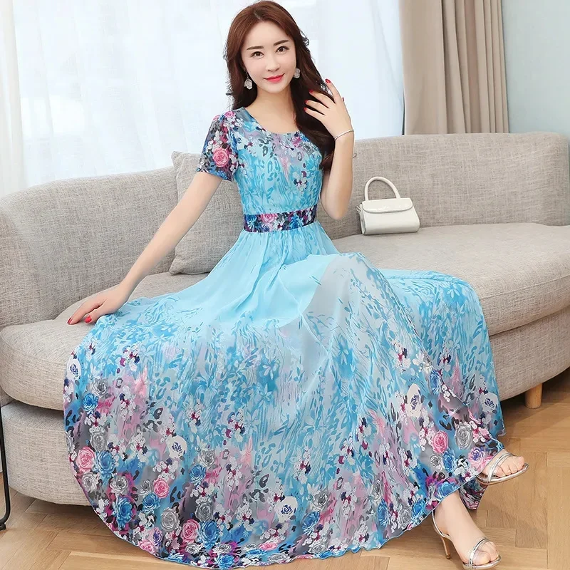 Maxi kleid Frauen lässig Vintage Kurzarm Sommerkleid hochwertige Chiffon Vestidos Boho-Stil Damen O-Ausschnitt Blumen kleid