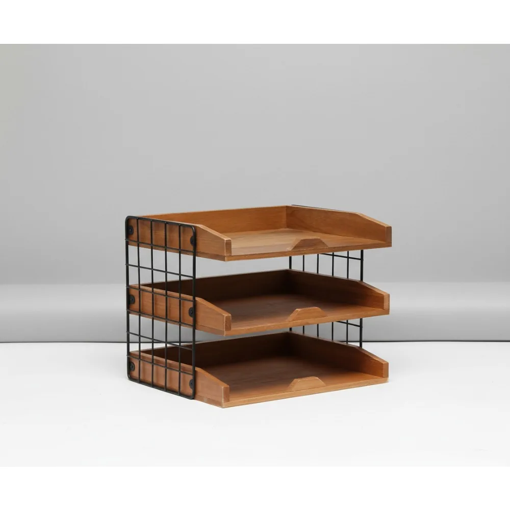 

Настольный органайзер из натурального дерева с 3 полками, почтовый поднос для домашнего офиса для эффективного хранения и организации