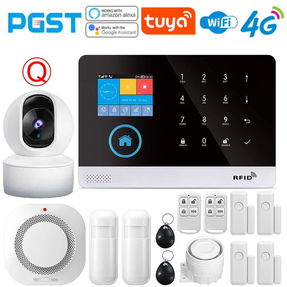 PGST-Système d\'alarme avec capteur de mouvement, Wi-Fi, 4G, Tuya, caméra IP sans fil, sécurité domestique intelligente, compatible avec Alexa,