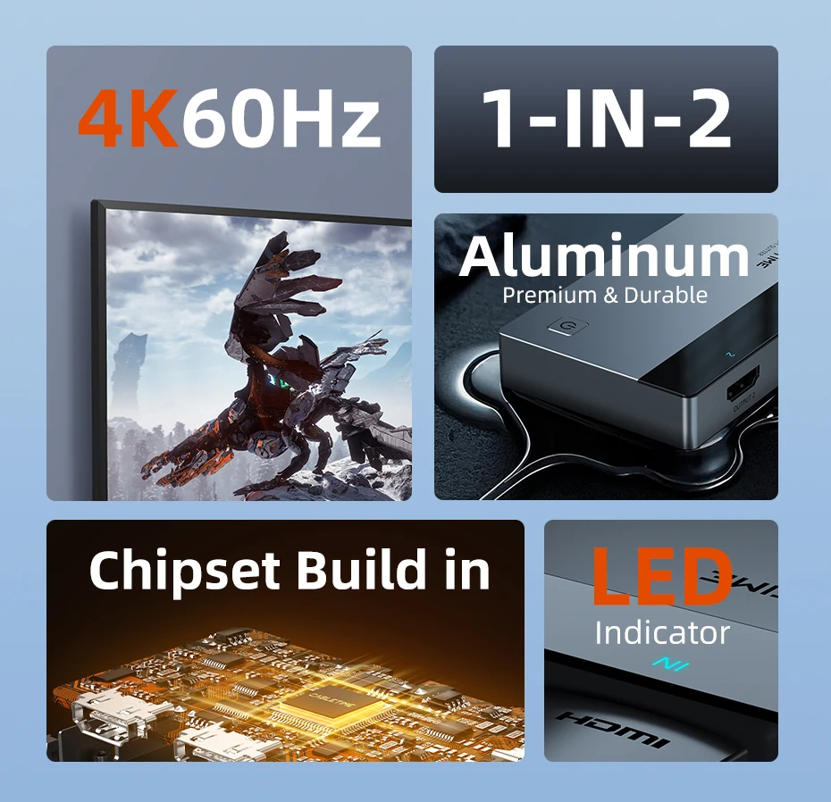 CABLETIME HDMI Splitter 1 IN 2 4K 60Hz LED Licht Bildschirm Splitter für HDTV Computer Monitor Schalter PS5 Xiaomi MacBook Laptop – Detail 2