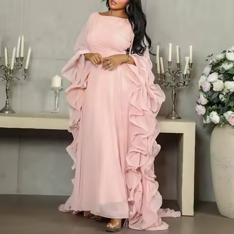 2026 Casual Long Sleeve Soft Evening Dress Women Elegant High Waist Sheer Pink Dress Fashion O Neck Ruffled Chiffon Gown Dress