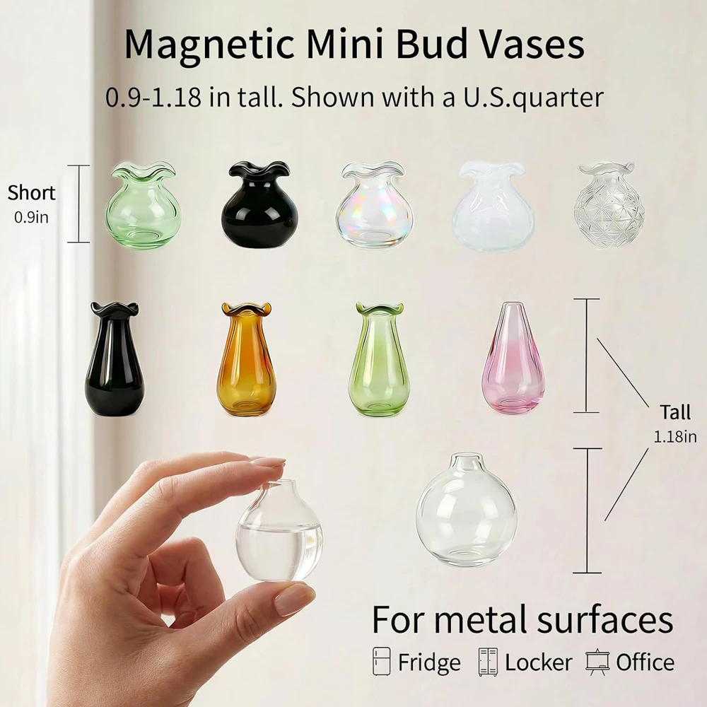 10-Pack Magnetic Mini Glass Vases Set Slam-Proof Strong Magnet for Fridge, Locker & Office Decor – Crystal Clear Bud Holders