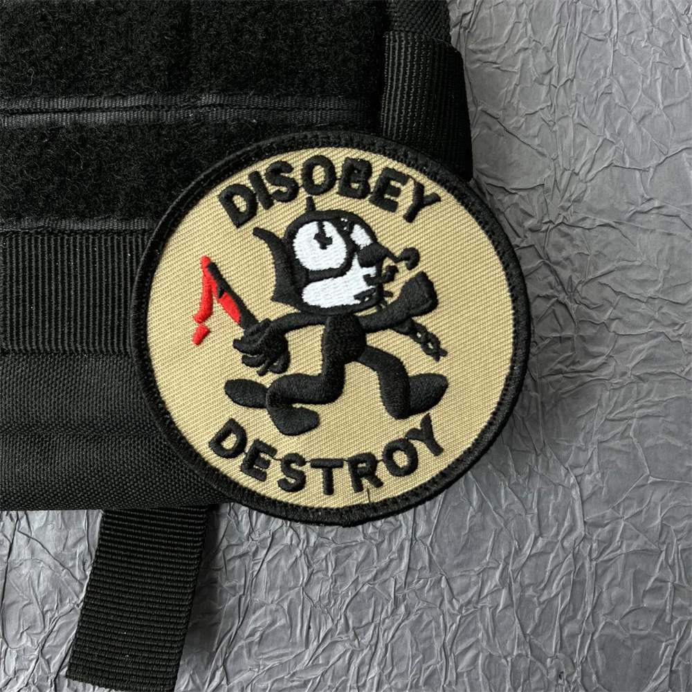 Disobey Destroy Black Cat Embroidered Patches on Clothes Hook and Loop Patch Tactical Military Backpack Stickers