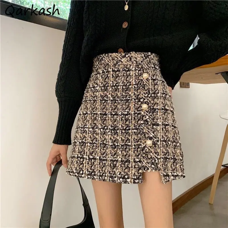 Plaid Skirts Women Fashion A-line Loose High Waist Korean Style Elegant Y2k Harajuku Button Fly All-match Streetwear Casual New