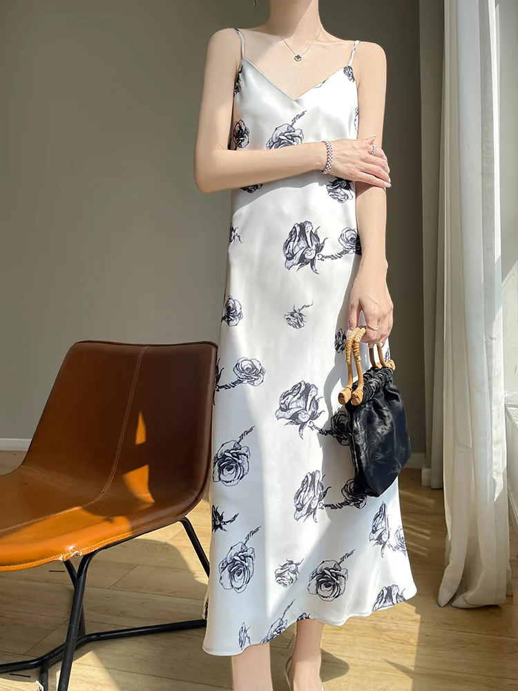 Ele V-Ne Acetate Satin Print Midi Dr Women's A-Line Over-Knee Long Dr Slimming Summer Wrap Dr Commute Sle