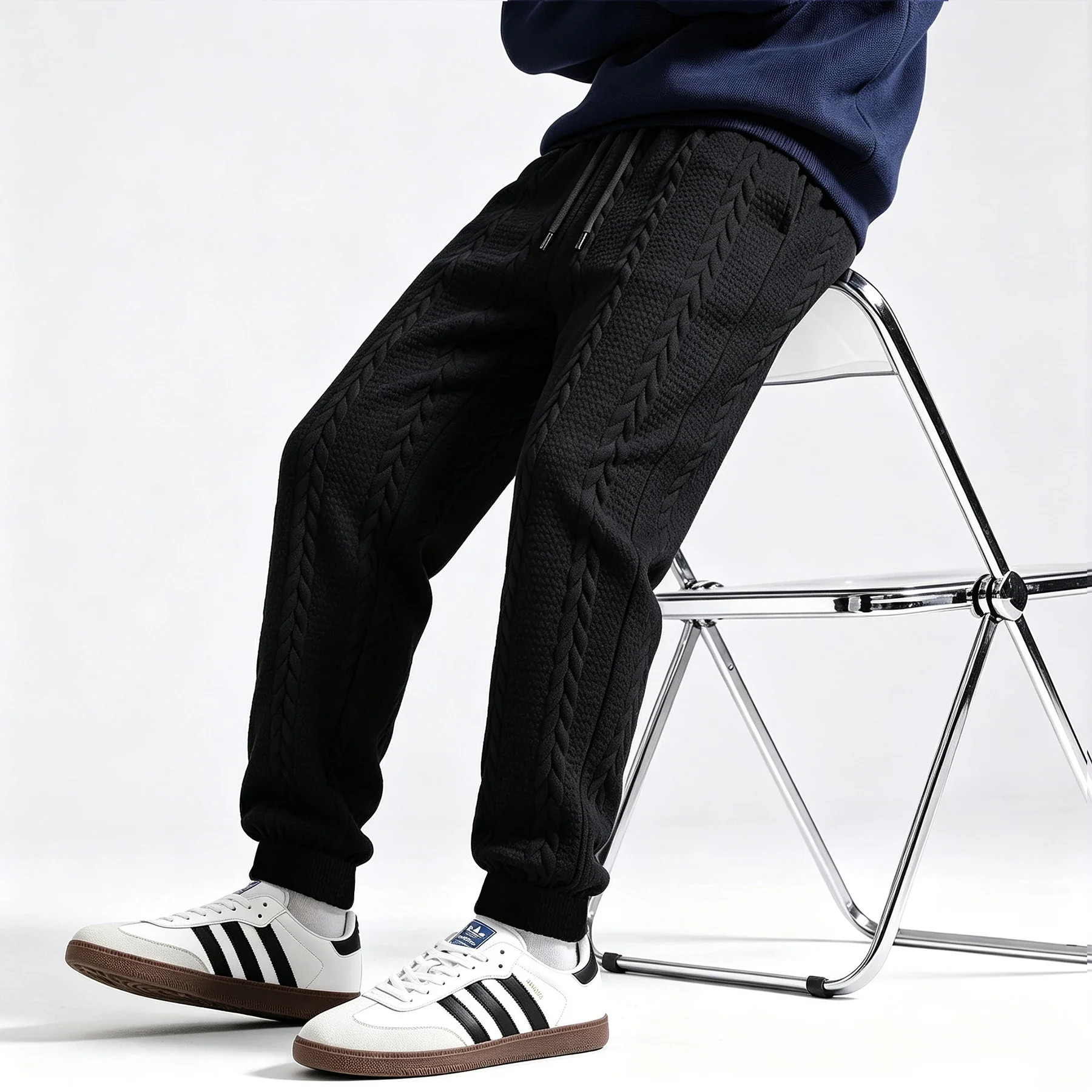 Men's Streetwear Cable Knit Textured Sweatpants Drawstring Elastic Waist Cuffed Jogger Trousers Warm Casual Daily Pants