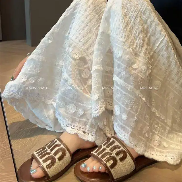 بسيطة مرنة الصناعة الثقيلة السراويل منقوشة جوفاء الدانتيل الربط كسول واسعة الساق السراويل عطلة نمط تصميم السراويل عارضة