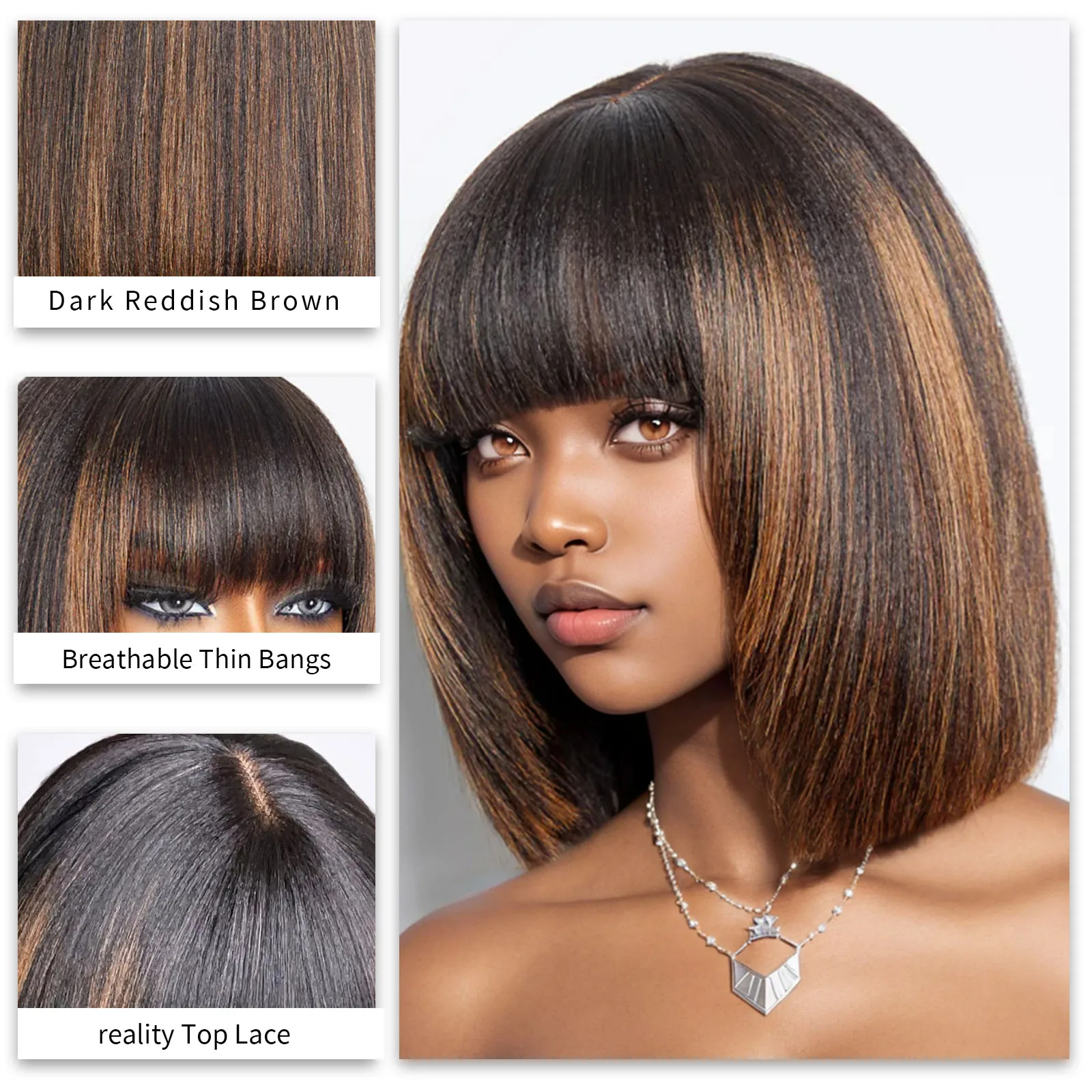 Straight Bob Human Hair Wig with Bangs Brown Highlight Transparent Lace Frontal Wigs Human Hair Ready to Wear Wig 10 inch