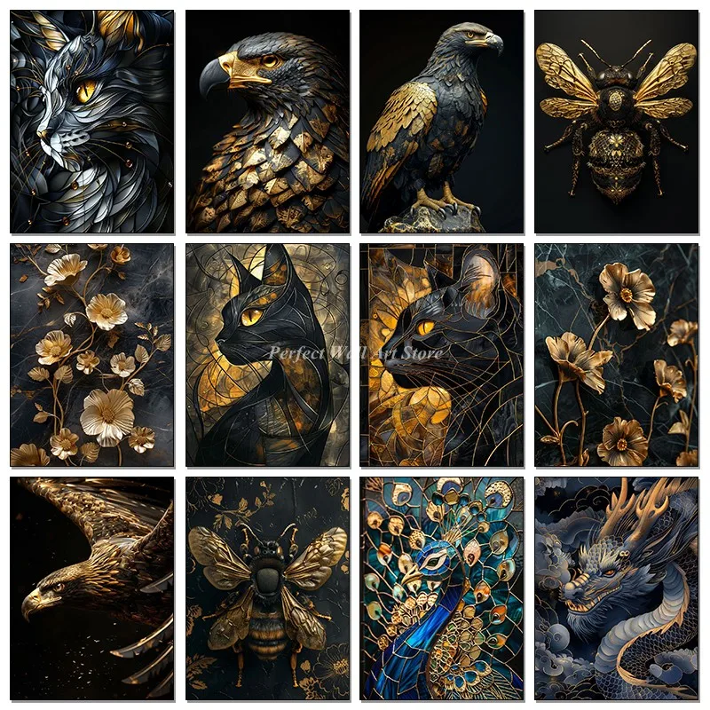 Black And Gold Animals Poster Animal Eagle Cat Flower HD Pciture Canvas Paintings And Print Poster Wall Art For Room Home Decor