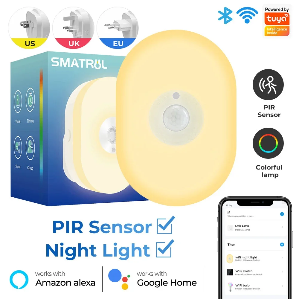 PIR pintar Sensor gerak lampu malam LED, WIFI Tuya nirkabel kontrol aplikasi waktu suara RGB detektor lampu dinding untuk Alexa Google rumah