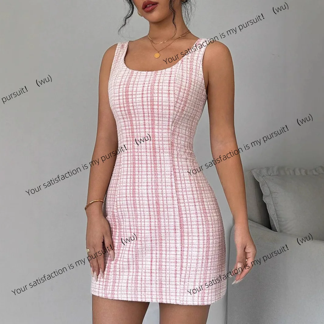 欧米風セクシーなスパイスガールズ風スリムフィットUネックリアジッパースリーブレスチェック柄ワンピース
