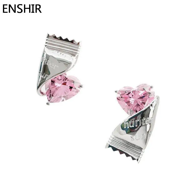 ENSHIR Pink Zircon Love Heart Candy Paper Stud Earrings for Women Sweet Cool Girl Personality All-match Jewelry Accessories