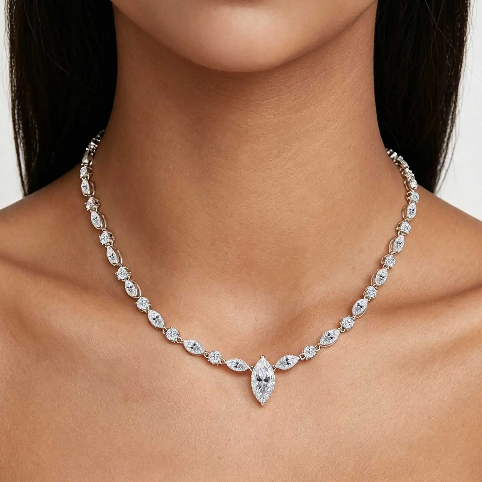 4CT Marquise Cut Moissanite Tennis Necklace for Women Choker Lab Diamond Pendant Necklaces Sterling Silver 925 Wedding Jewelry