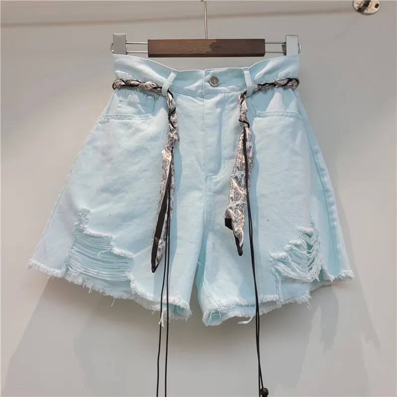 

Candy Color Distressed Denim Shorts, Women's High Waist Green A-line Hot Pants, 2026 New Summer Korean Style Wide Leg Shorts