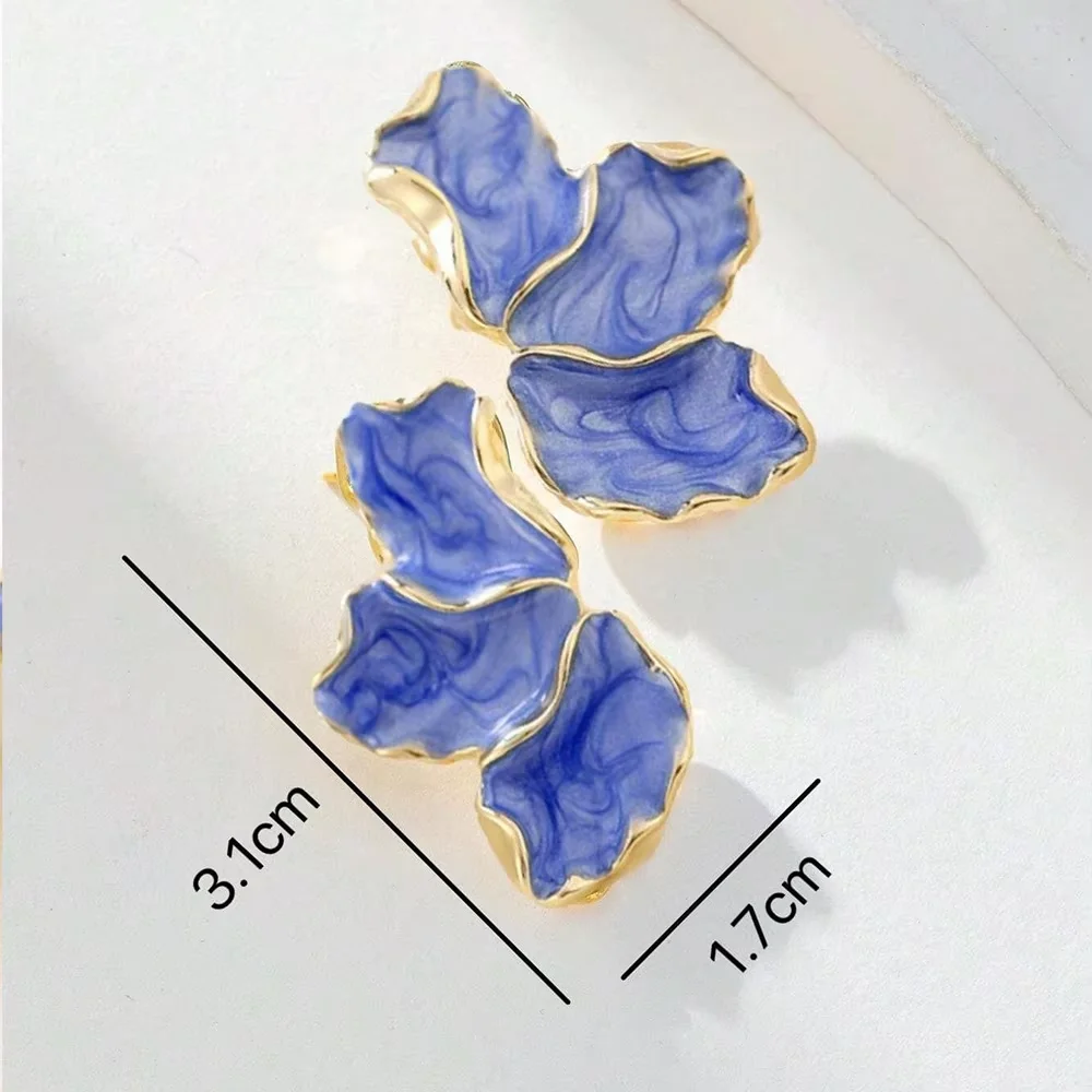 Obega Metal Flower Cream Blue Epoxy Earring Stud Women Fashion Gold Color Irregular Post Earrings Heavy Design Statement Earring