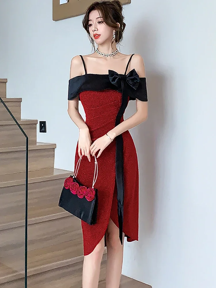 Red Patchwork Black Bow Chic Gala Dresses Woman Summer Elegant Bodycon Sling Sexy Dress 2024 Korean Luxury Party Evening Dresses