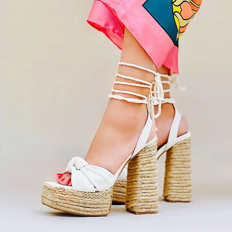 Square Toe Wrapped Espadrilles Sandals Classic Braided Chunky Heel Summer Platform Ankle Lace Up Women Summer Open Toe Shoes