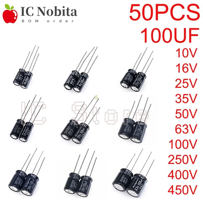 50PCS 100UF Aluminum Electrolytic Capacitor 10V 16V 25V 35V 50V 63V 100V 250V 400V 450V Rubycon