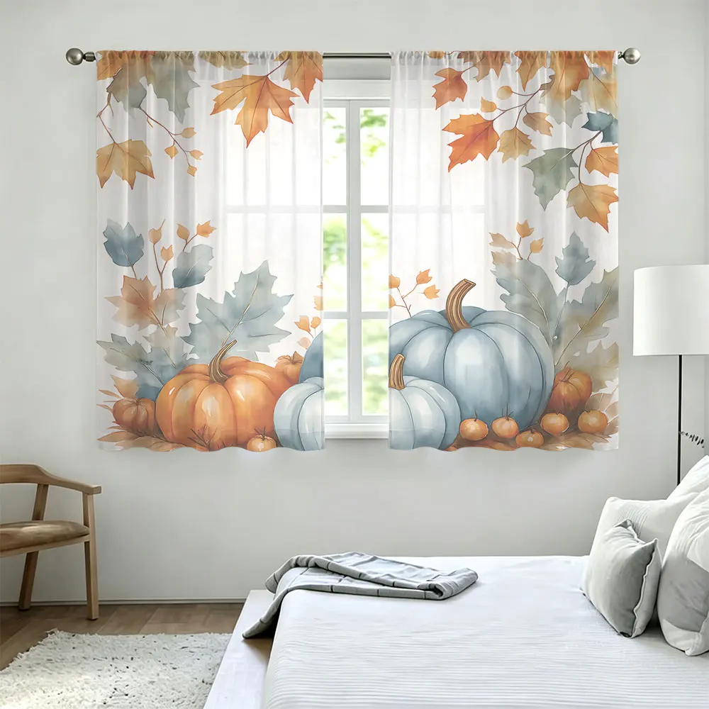2Pcs Rod Pocket Curtain Light Block Privacy Drape Living Bedroom Watercolor Pumpkin Maple Leaf Print Window Curtain For Home