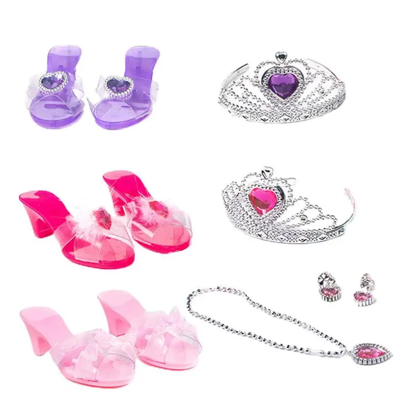 Pretend Play Jewelry Toys Princess Accessories Set For Toddler Girls Dress Up Shoes Toys Crown Necklace Ring Makeup Toys