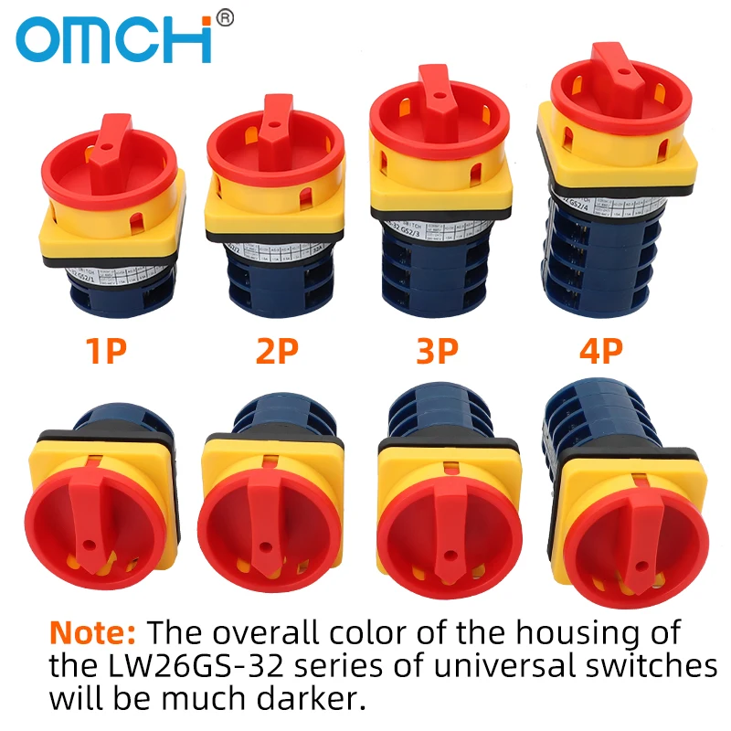 OMCH 440V Contato de Prata Série LW26GS Chave Seletora Rotativa Tipo Cadeado 20/32/63A Liga-Desliga Duas Posições 48x48mm 64x64mm 1/2/3/4 Polos