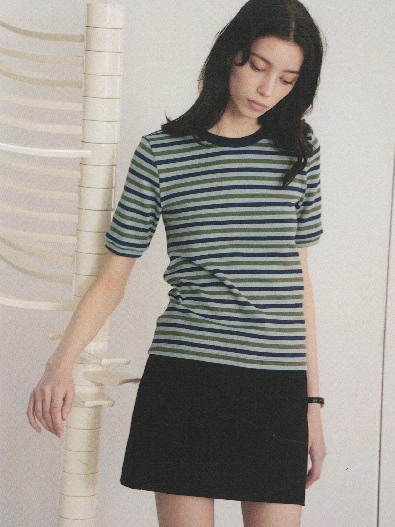 Skin-friendly Elastic Slimming Stripe Short Sleeve T-shirt Women's CycleDocument Double Needle  Craft Commute Style Summe...