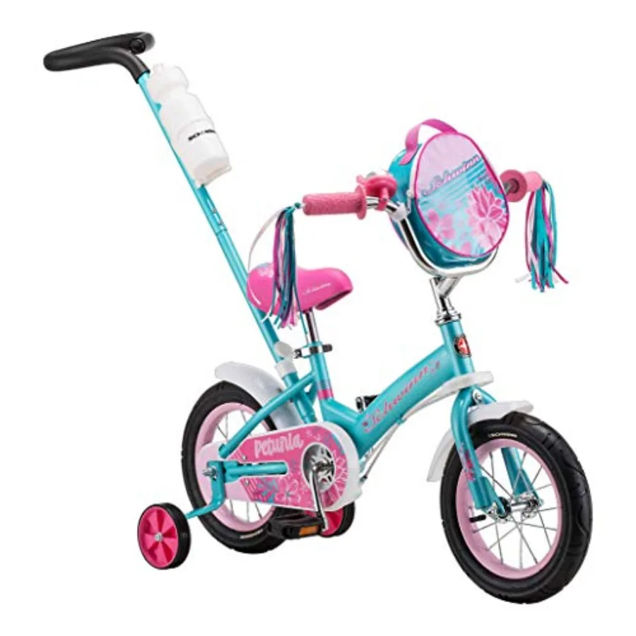 

12 Inch Bike for Ages 2-4 Orange Teal Pink or Blue Steerable Beginner Bicycle with Training Wheels Parent Push Handle Rear Coas