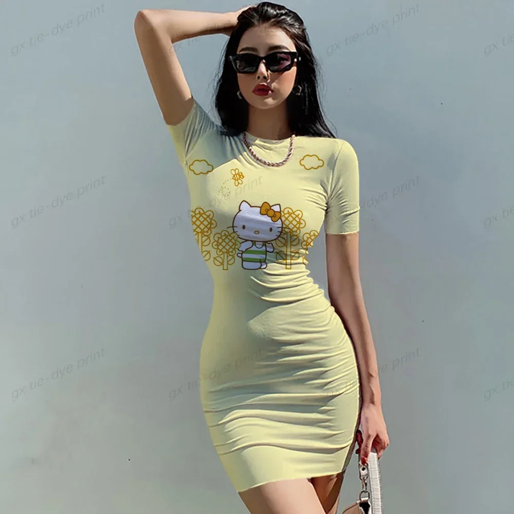 

Summer Women's New Korean Temperament HELLO KITTY Print Dress Section Short-sleeved Waist Tight Sexy Bag Hip Dress