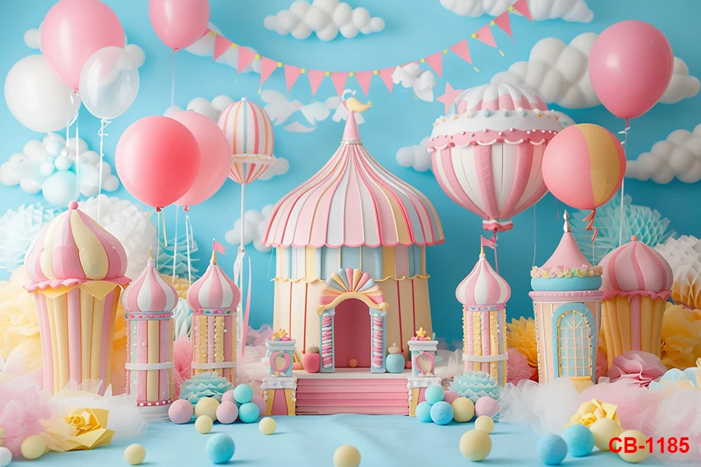 بالون ملون التصوير خلفية القلعة لطيف الدب يونيكورن الزهور عيد ميلاد الأطفال راية ملصق ديكور خلفية مخصصة