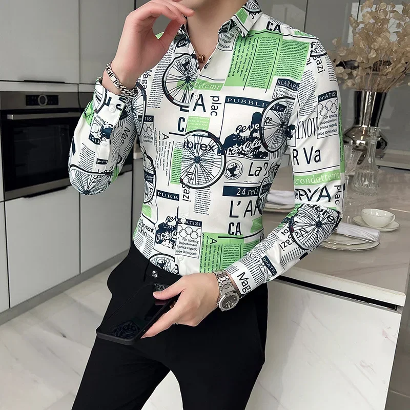 

2022 Mens Letter Print Long Sleeve Shirt New Fashion Slim Social Formal Dress Shirts High Quality Men Club Party Dress Clothing
