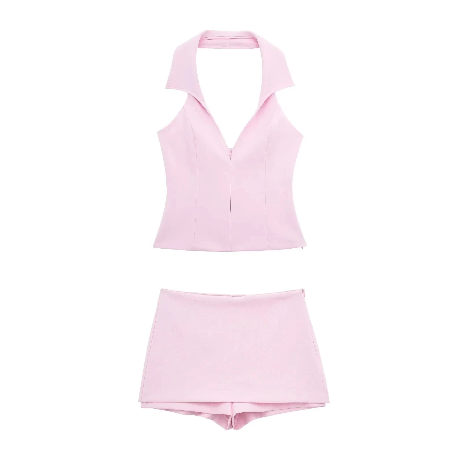 HH Damen-Set, lässige Röcke, Shorts, schickes Neckholder-Hemd, rückenfreies Top und Shorts, süßes rosa Sommer-Sexy-Shorts-Sets – Detail 3