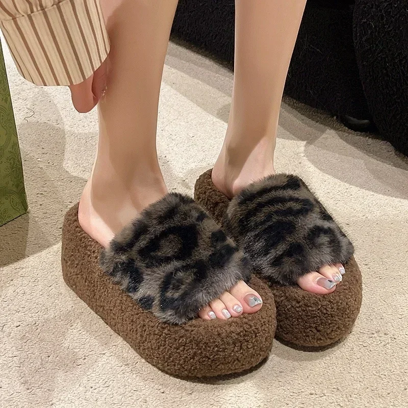 Women's Winter Thick Sole Slippers Suede Open Toes Leopard Print  Shoes for Women Keep Warm Anti-slip Middle Follow Indoor 2024