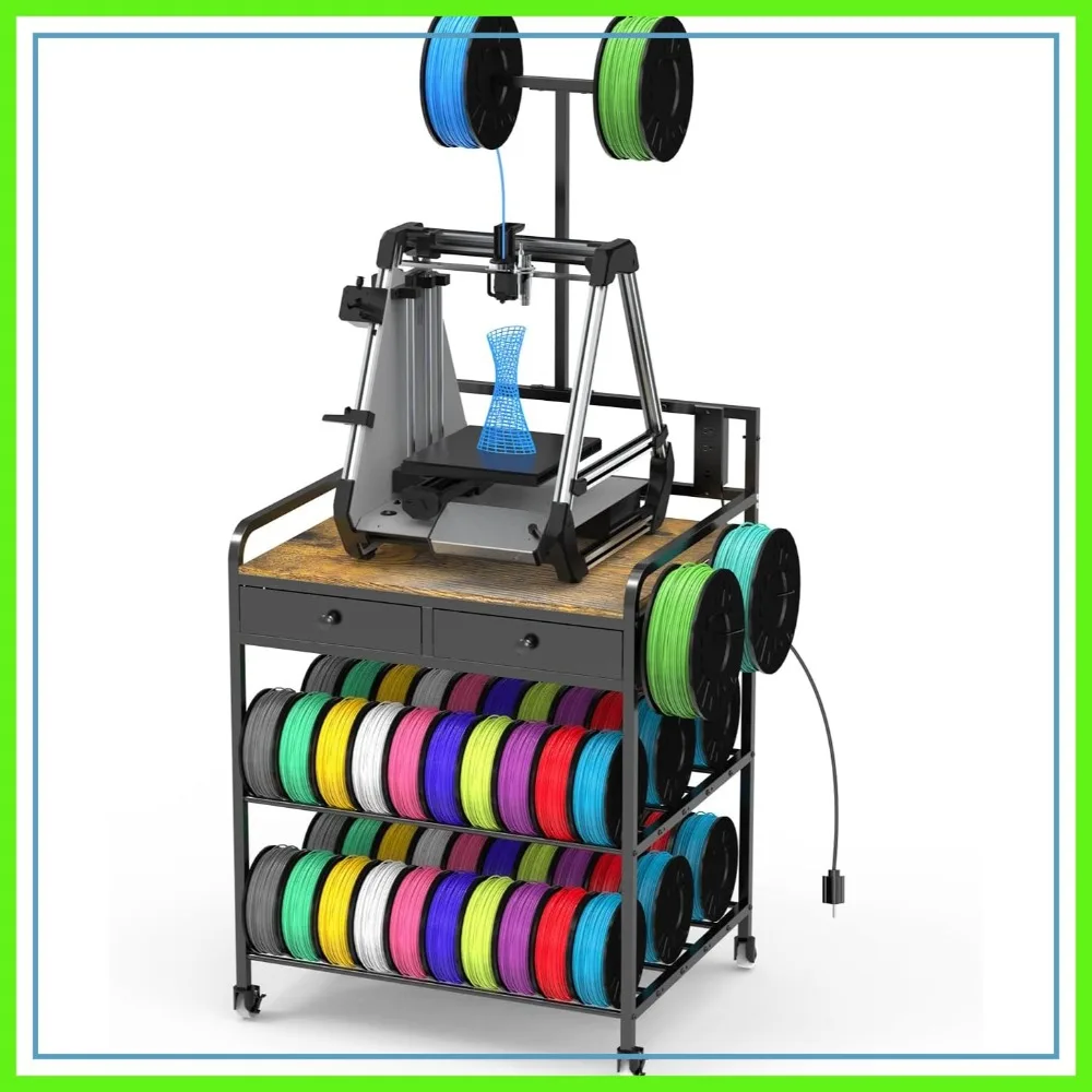 

Heavy Duty 3D Printer Stand with Filament Storage Rack and Power Outlet, Rolling Spool Holder for Workshop