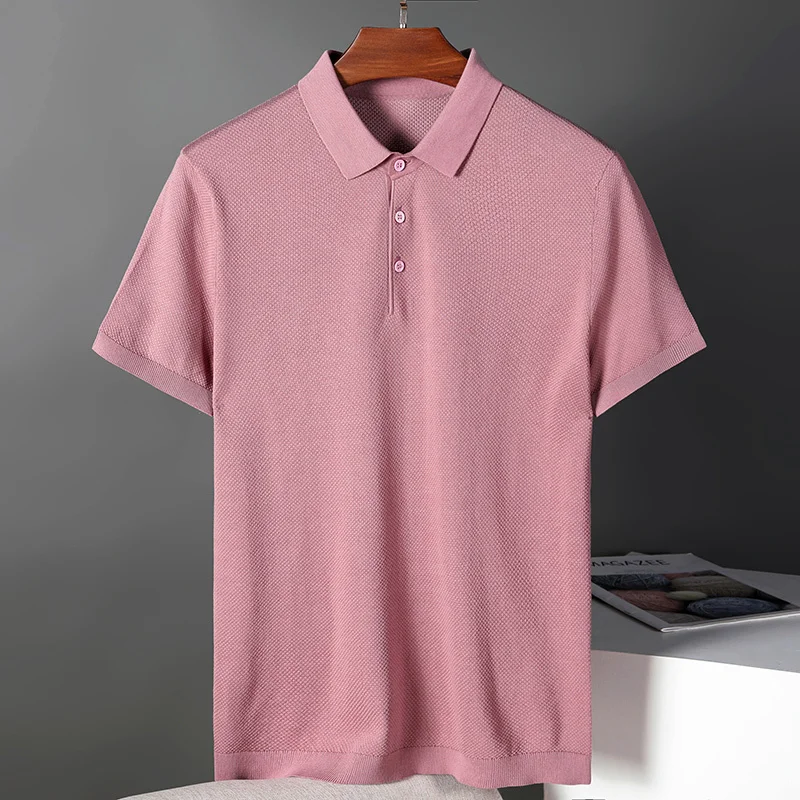 Summer New Mulberry Silk Fabric Men Short-sleeved Polo Shirt High Quality Business Fashion Soft Lapel Top Male Brand Clothes